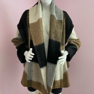 BB Dakota Blanket Coat Textured Open Oversized OuterJacket Plaid Black Brown